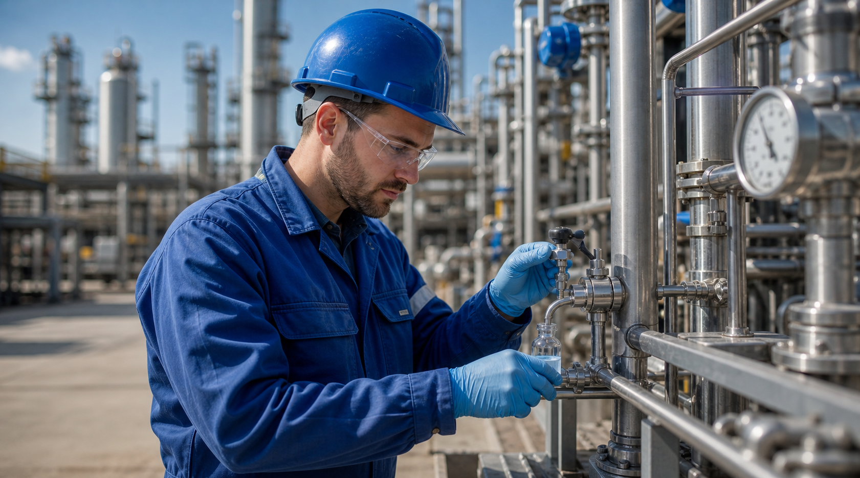 Swagelok Engineer In Blue Jumpsuit At Petrochemical Plant